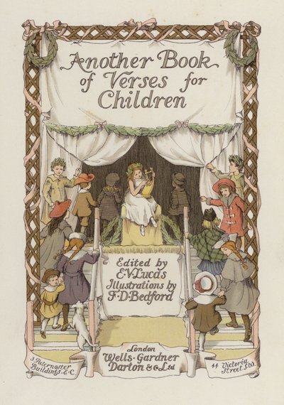 Toinen säkeistökirja -kirjan nimiölehden kuvitus (värilitografia). tekijältä Francis Donkin Bedford