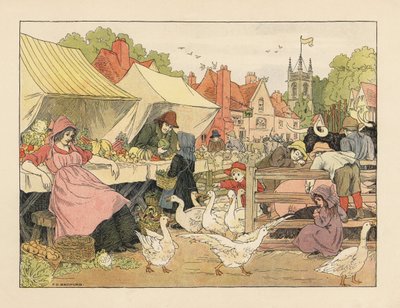 Viktoriaaniset lapset ostamassa vihanneksia, jahtaamassa hanhia ja tökkimässä sikoja kylän markkinoilla. Kromolitografia Francis Donkin Bedfordin kuvituksen mukaan Edward Verrall Lucasin teoksesta The Book of Shops. tekijältä Francis Donkin Bedford