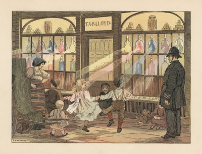 Viktoriaaniset lapset tanssivat apteekin edessä poliisin katsellessa. Kromolitografia Francis Donkin Bedfordin kuvituksen mukaan Edward Verrall Lucasin teoksesta The Book of Shops. tekijältä Francis Donkin Bedford