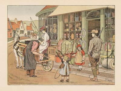 Viktoriaaninen perhe Henry Hoopin, kylän rautakauppiaan luona. Kromolitografia Francis Donkin Bedfordin kuvituksen mukaan Edward Verrall Lucasin teoksesta The Book of Shops. tekijältä Francis Donkin Bedford