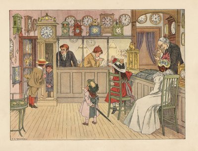 Viktoriaaninen perhe kelloseppien luona. Lapset leikkivät isoisäkellossa, kun virkailija korjaa kelloa. Kromolitografia Francis Donkin Bedfordin kuvituksen mukaan Edward Verrall Lucasin teoksesta The Book of Shops. tekijältä Francis Donkin Bedford
