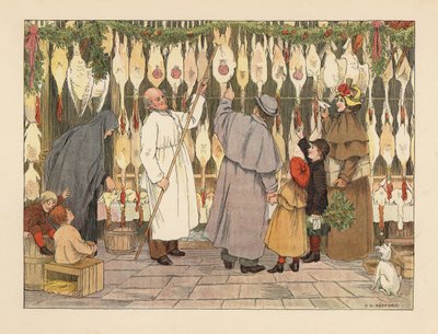Viktoriaaninen perhe valitsemassa kalkkunaa jouluksi poulterissa. Lihakauppias haalarissa koukun kanssa irrottamassa lintua. Kromolitografia Francis Donkin Bedfordin kuvituksen mukaan Edward Verrall Lucasin teoksesta The Book of Shops. tekijältä Francis Donkin Bedford