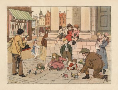 Viktoriaaniset reunakivikauppiaat myyvät pennin hintaisia leluja lapsille Lontoon kadulla. Kromolitografia Francis Donkin Bedfordin kuvituksen mukaan Edward Verrall Lucasin teoksesta The Book of Shops. tekijältä Francis Donkin Bedford