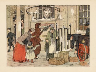 Viktoriaaniset ihmiset postittavat kirjeitä joulupäivän lähellä postissa. Kromolitografia Francis Donkin Bedfordin kuvituksen mukaan Edward Verrall Lucasin teoksesta The Book of Shops. tekijältä Francis Donkin Bedford