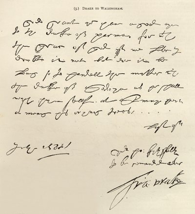 Sir Francis Draken kirje Sir Francis Walsinghamille, allekirjoitettu 29. heinäkuuta 1588, julkaistu Leisure Hourissa, 1888 (muste paperilla) tekijältä Francis Drake