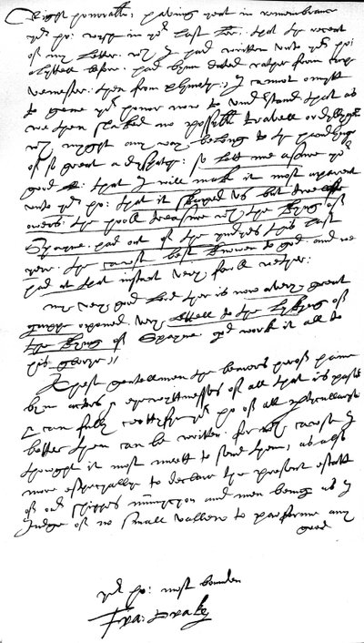 Kirje William Cecilille, Lord Burghleylle, Lord High Treasurer, kirjoitettu hänen lippulaivalleen "Elizabeth Bonaventure" Plymouthissa, 26. heinäkuuta 1586 (kynä ja muste paperille) tekijältä Francis Drake