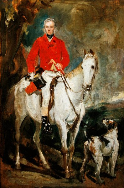 Tutkimus aiheeseen "Charles Trelawny, Esq., Dartmoorin metsästysmestari, suosikkijahtijansa Grimaldin ja koiriensa Conqueror, Lounger ja Windermere kanssa", noin 1863 (öljy kankaalle). tekijältä Francis Grant