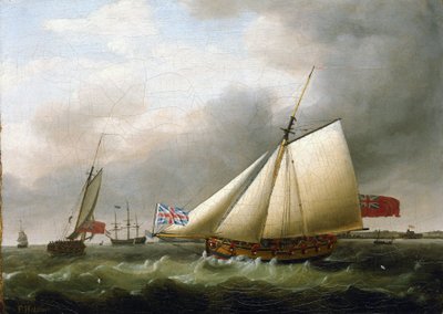 Alus "Fly" ja muut alukset Downsin eteläpuolella (Englannissa) Union Jackin lipun alla. Öljy kankaalle tekijältä Francis Holman