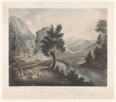 Näkymä Keswick-järvelle Lodoren putouksilla Kaukainen näkymä Lowdoren putouksesta ja osa Keswick-järvestä Cumberlandissa (otsikko esineessä) tekijältä Francis Jukes