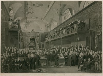 House of Lordsin sisätilat, Westminster, Lontoo, tärkeän tutkimuksen aikana vuonna 1820 tekijältä Francis Phillip Stephanoff