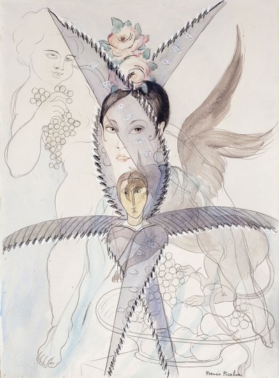 Läpinäkyvyys - Pää ja siivekäs hevonen; Transparence - Tete et Cheval Aile, n.1928 (vesiväri, guassi, musta liitu ja lyijykynä paperille). tekijältä Francis Picabia