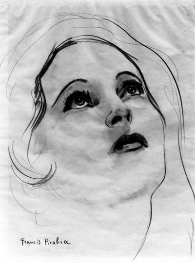 Naisen kasvot, silmät koholla, Francis Picabia (1879-1953); grafiittikynä ja akvarelli paperille. tekijältä Francis Picabia