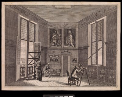 Kolme hahmoa käyttämässä tähtitieteellisiä laitteita Kuninkaallisen observatorion suuressa tähtihuoneessa tai Octagon-huoneessa, kuten se nykyään tunnetaan, noin 1676 (kaiverrus). tekijältä Francis Place