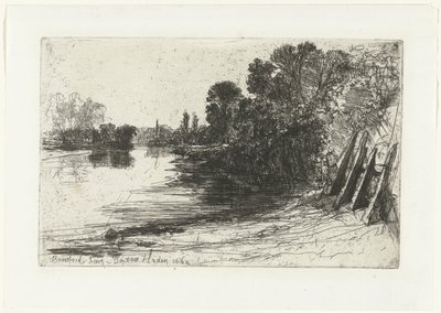 Bank of the Thames Brentfordissa Brentford Ferry (nimi esineessä) tekijältä Francis Seymour Haden (Sir) (signed by artist)