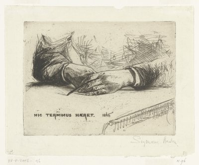 Kaksi kättä, piirtäminen liidulla Kädet pitelevät värikynää Hic Terminus Haeret (otsikko esineessä) tekijältä Francis Seymour Haden (Sir) (signed by artist)