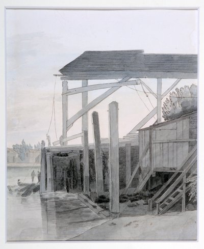 A Wharf, n. 1800 (kynä ja muste vesivärillä paperilla) tekijältä Francis Towne