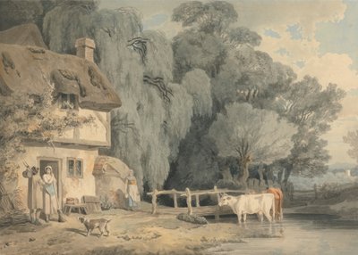 Country Scene: Figuurit mökin oven vieressä ja karja virrassa tekijältä Francis Wheatley