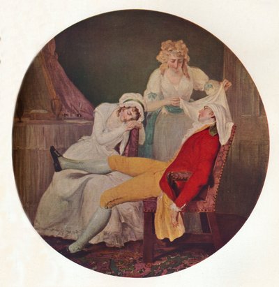 Lady Easys Steinkirk: Kohtaus Colley Cibberin pelottomasta miehestä, c1790 tekijältä Francis Wheatley