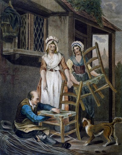 Pajutuolien valmistus, kaiverrus Francis Wheatley (1747-1801) Criesistä Lontoossa, Iso-Britannia tekijältä Francis Wheatley