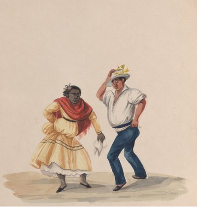 Mies ja nainen tanssivat, piirustusryhmästä, joka kuvaa perulaista pukua, 1848. tekijältä Francisco