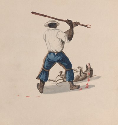 Mies takaa katsottuna lyömässä koiraa kepillä, piirrosryhmästä, joka kuvaa..., n. 1848 tekijältä Francisco