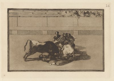 Picadorin putoaminen hevosestaan ​​härän alapuolelle (Picador on hevoston ja putoaa härän alle), levy 26 La tauromaquiasta tekijältä Francisco de Goya