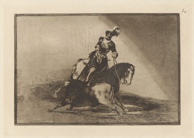 Carlos V. Spearing a Bull Plaza de Valladolid (Charles V. Spearing a Bull in the Ring at Valladolid), levy 10 La tauromaquiasta tekijältä Francisco de Goya