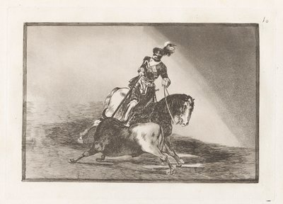 Carlos V. lanceando un toro en la plaza de Valladolid (Charles V keihäämässä härkää kehässä Valladolidissa), levy 10 La tauromaquiasta tekijältä Francisco de Goya