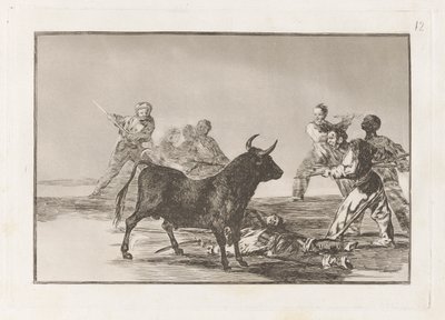 Rabble Hamstring härkä lansseilla, sirpeillä, banderillalla ja muilla käsivarsilla, levy 12 La tauromaquiasta tekijältä Francisco de Goya