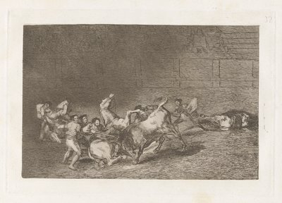 Kaksi Picador-joukkuetta, jotka yksi härkä heitti peräkkäin, levy 32 La tauromaquiasta tekijältä Francisco de Goya