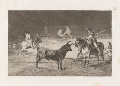 El c?lebre Fernando del Toro, barilarguero, pakottaa pedon tangollaan (juhlittu Picador, Fernando del Toro, vetää kiihkeän pedon Piquellä), levy 27 La tauromaquiasta tekijältä Francisco de Goya