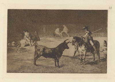 Kuuluisa Fernando del Toro, barilarguero, pakottaa ? la Fiera con su garrocha (juhlittu Picador, Fernando del Toro, vetää kiihkeän pedon Piquellaan), levy 27 La tauromaquiasta tekijältä Francisco de Goya