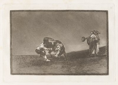 Hän itse heittää härän Madridin aukiolle (Sama mies heittää härän kehään Madridissa), levy 16 La tauromaquiasta tekijältä Francisco de Goya