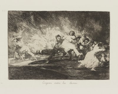 Ne pakenevat liekkeihin. (He pakenevat liekkien läpi.), pl. 41 sarjasta The Disasters of War tekijältä Francisco de Goya