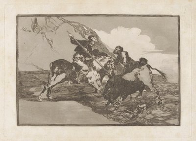Kuinka muinaiset espanjalaiset metsästivät härkää? hevonen kentällä (Tapa, jolla muinaiset espanjalaiset metsästivät härkää hevosen selässä avoimella maalla), levy 1 La tauromaquiasta tekijältä Francisco de Goya
