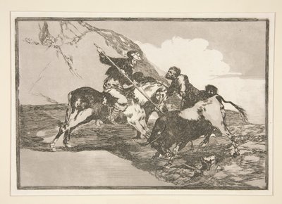 Kuinka muinaiset espanjalaiset metsästivät härkää? hevonen kentällä (Tapa, jolla muinaiset espanjalaiset metsästivät härkää hevosen selässä avoimella maalla), pl. 1 sarjasta Härkätaistelut tekijältä Francisco de Goya