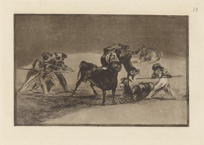 Palenque de los moros hecho con burros para defendere del toro embolado (maurit käyttävät aaseja esteenä puolustaakseen itseään härkää vastaan, jonka sarvia on tippunut palloilla), levy 17 La tauromaquiasta tekijältä Francisco de Goya