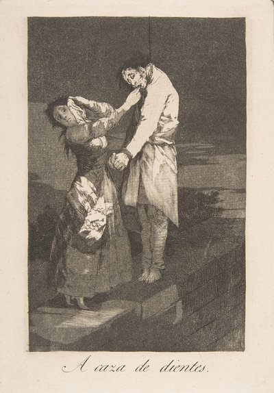 Kilpi 12 Los Caprichosista: Hampaiden metsästys A caza des dientes., 1799. tekijältä Francisco de Goya