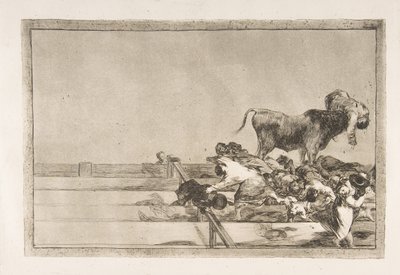Tauromaquian levy 21: Kauhistuttavia tapahtumia kehään eturiveissä Madridissa..., 1816. tekijältä Francisco de Goya