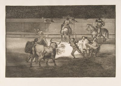 Tauromaquian levy 31: Banderillat sähinkäisten kanssa., 1816. tekijältä Francisco de Goya