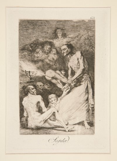 Sopla (Blow), pl. 69 sarjasta Los caprichos tekijältä Francisco de Goya