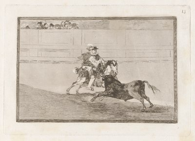 Un caballero espa?ol en plaza quebrando rejoncillos sin auxilio de los chulos (espanjalainen ratsu ritari renkaassa murtamassa lyhyitä keihää ilman avustajien apua), levy 13 La tauromaquiasta tekijältä Francisco de Goya