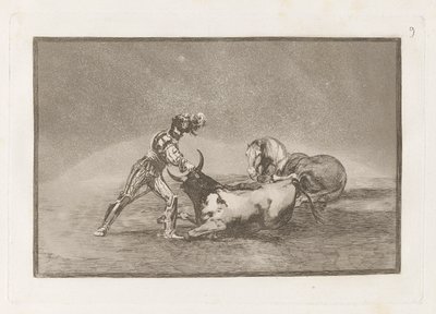 Espanjalainen ritari tappaa härän hevosensa menettämisen jälkeen (espanjalainen ritari tappaa härän hevosensa menettämisen jälkeen), levy 9 La tauromaquiasta tekijältä Francisco de Goya