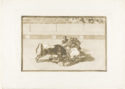 Picador on hevoston ja putoaa härän alle, levy 26 julkaisusta The Art of Bullfighting tekijältä Francisco Jose de Goya y Lucientes