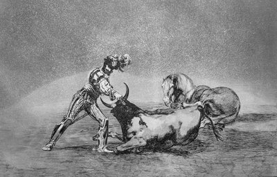 Espanjalainen ritari tappaa härän menetettyään hevosensa, levy 9 julkaisussa "The Art of Bullfighting", pub. 1816 (etsaus) tekijältä Francisco Jose de Goya y Lucientes