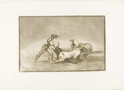 Espanjalainen ritari tappaa härän menetettyään hevosensa, levy yhdeksän Härkätaistelun taidosta tekijältä Francisco Jose de Goya y Lucientes