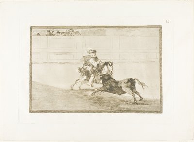 Espanjalainen ratsastettu ritari kehässä murtamassa lyhyitä keihää ilman avustajien apua, levy 13 Härkätaistelun taidosta tekijältä Francisco Jose de Goya y Lucientes
