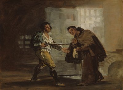 Munkki Pedro tarjoaa kenkiä El Maragatolle ja valmistautuu työntämään hänen aseensa syrjään. tekijältä Francisco Jose de Goya y Lucientes