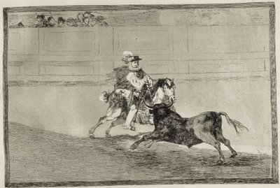 GOYA Y LUCIENTES, Francisco de (1746-1828). Um cavaleiro espanhol montado no ringue quebrando lanças curtas sem a ajuda de assistentes. 1816. Gravura. ESPANHA. MADRID (COMUNIDADE AUTÓNOMA). Madri. Biblioteca Nacional finlandesa tekijältä Francisco Jose de Goya y Lucientes