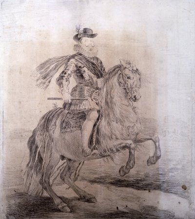 GOYA Y LUCIENTES, Francisco de (1746-1828). Espanjalaisen Philip III:n ratsastusmuotokuva. 1778. PHILIP III Espanjan (1578-1621). Espanjan kuningas (1598-1621). Piirustuskopioita Velazquezin maalauksista. Barokkin taidetta. Piirustus. ESPANJA. MADRID (AUTO tekijältä Francisco Jose de Goya y Lucientes